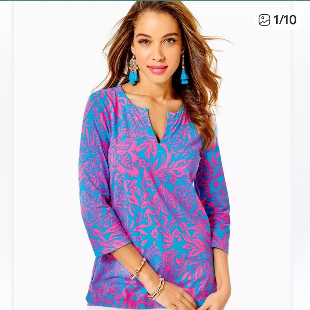 Lilly Pulitzer Pink and Blue Floral Split-Neck Tunic